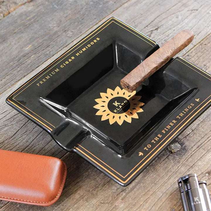 Klaro Square Medium Black and Gold Inlay Ceramic Ashtray