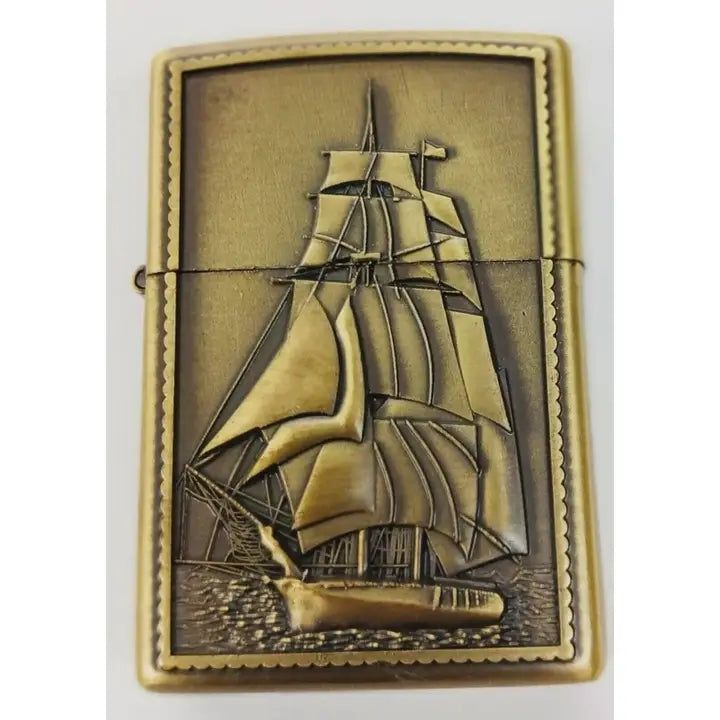 Gorgeous Brass Finish Engraved Sailing Tall Ship Case Lighter