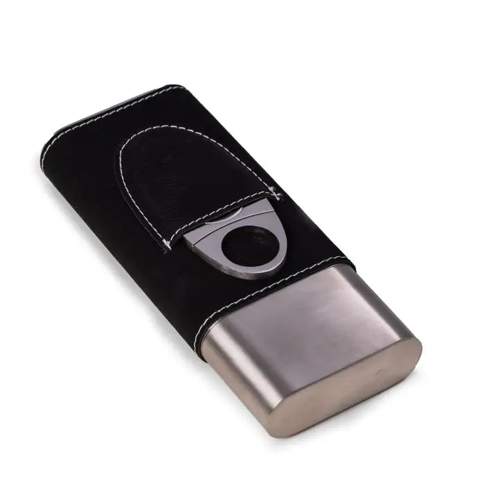 Black Leather 3 Cigar Case with Cigar Cutter